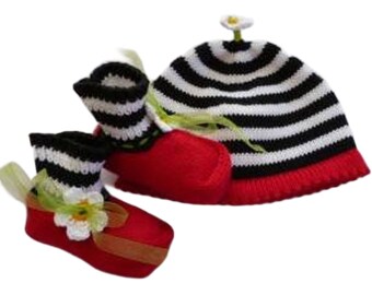 Set "Blümchen" Babymütze und Babyschuhe, Babymütze, Babyschuhe, Blümchen, Streifen