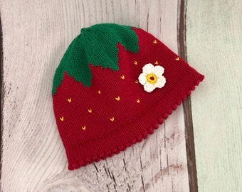 Baby hat, children's hat, knitted hat, strawberry hat, hat, strawberry, knitted baby hat, red, green, strawberry blossom, various sizes