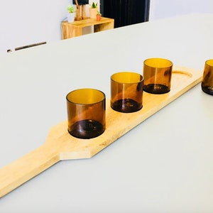 BEER TASTING TRAY With 5 Ounce Amber Brown Glasses