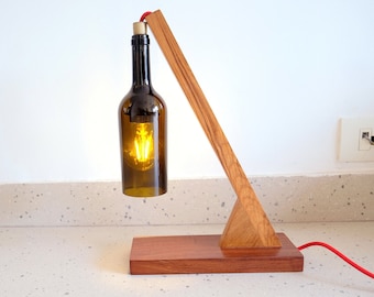 Wine Bottle & Wood Side Table Lamp Light