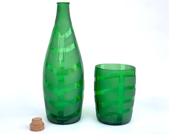 Designer Bed side Jug Set crafted from Perrier bottles - Carafe with 12 ounce Tumbler | dining glassware bedside tableware | Drinkware glass