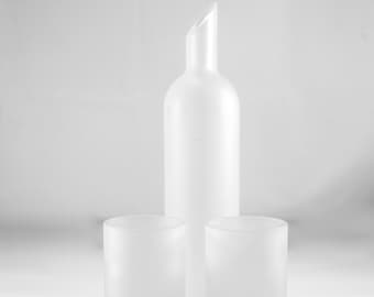 Recycled Frosted White Vodka bottle Water flask - Carafe - Jug Set with 12 oz Tumblers - Glasses