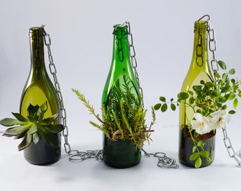 Hanging Planter Pot handcrafted from Repurposed Wine bottle Green | Olive | Clear