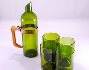 12 oz Wine Bottle Tumblers & Carafe Set up-cycled Drinking Glasses