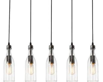 LÁMPARA DE BOTELLAS PERSONALIZADA - Lámpara de estilo industrial hecha con 5 botellas de vino transparentes para el hogar, hoteles y bares: Iluminación para el hogar