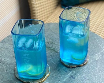 Bombay Sapphire Gin Repurposed Blue Bottle Tall Glasses | Crafted from Recycled Bottles | 20 ounce drinking glasses