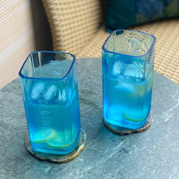 Bombay Sapphire Gin Repurposed Blue Bottle Tall Glasses | Crafted from Recycled Bottles | 20 ounce drinking glasses