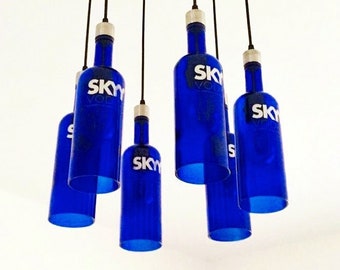 BOTTLE CHANDELIER SKYY Vodka Industrial Light fixture - Chandelier Made from 6 Cobalt Blue Bottles
