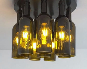 WINE BOTTLE Industrial Light fixture - Chandelier Made from Olive Green Wine Bottles