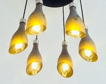 LÁMPARA DE ARAÑA DE BOTELLAS DE VINO - Luminaria de estilo industrial - Hecha con 6 botellas esmeriladas para iluminación del hogar y bares