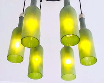 Lámpara de araña hecha con botellas de vino verde esmerilado - Luminaria de estilo industrial - Fabricada con 6 botellas para iluminación del hogar y bares