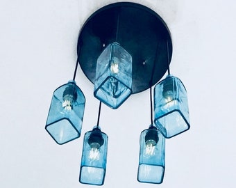 BOMBAY SAPPHIRE GIN Bottle Industrial Light fixture - Chandelier - Ceiling Lamp Made from 5 Bottles for Home & Bar Lighting
