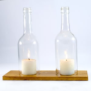 WINE BOTTLE LED Candle Stand - Cover - Holder Set with a Wooden base For Table decoration - Clear