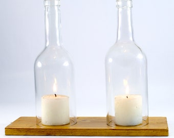 WINE BOTTLE LED Candle Stand - Cover - Holder Set with a Wooden base For Table decoration - Clear