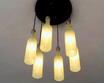 Lámpara de techo contemporánea con botellas blancas esmeriladas - Araña hecha con 6 botellas para iluminación del hogar y bares