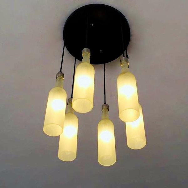 SZRONIONA BIAŁA BUTELKA Nowoczesna lampa - żyrandol wykonany z 6 butelek do oświetlenia domu i baru