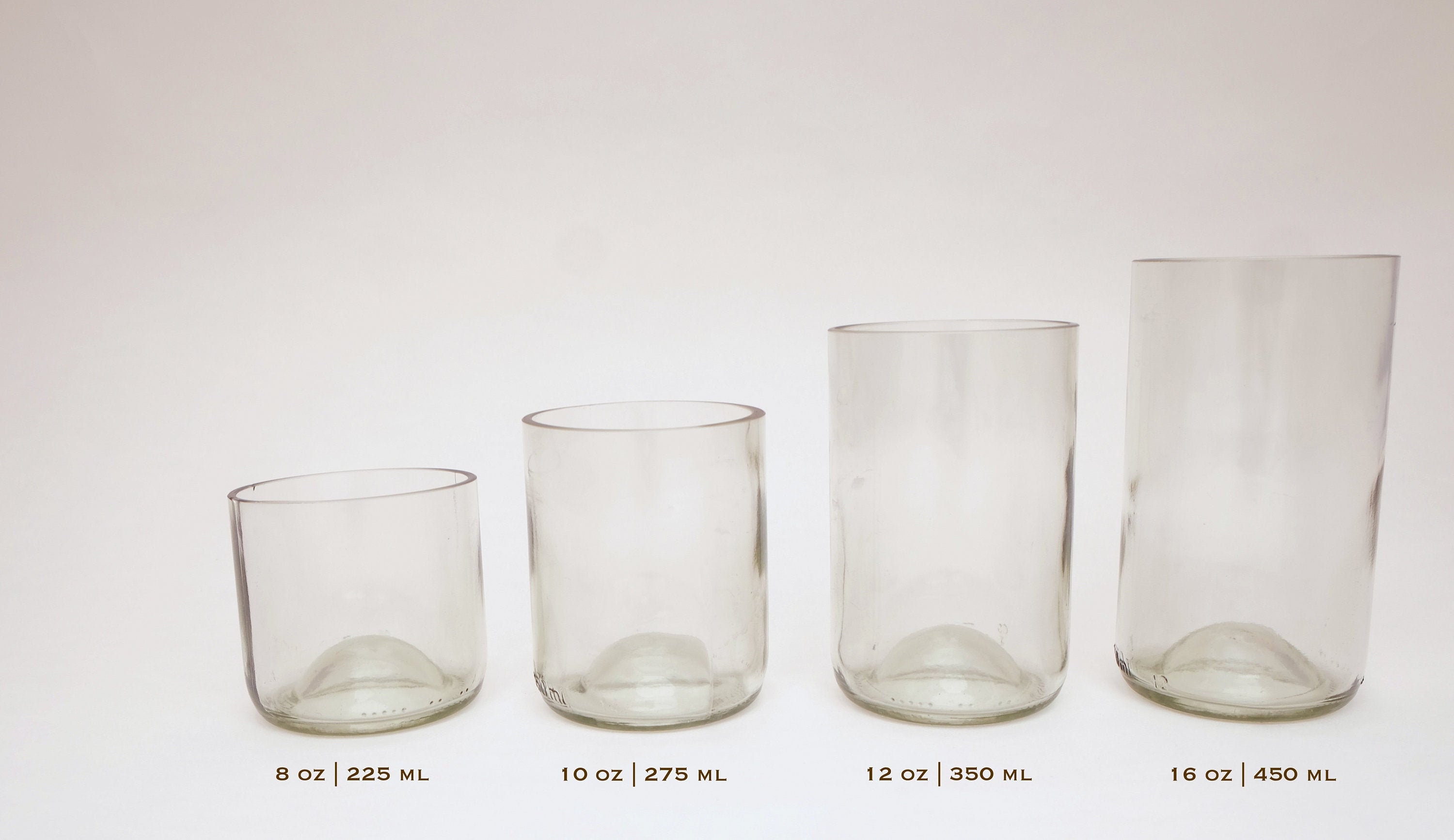 8, 10, 12, 16 Ounce Clear Wine Bottle Glasses Upcycled Tumblers