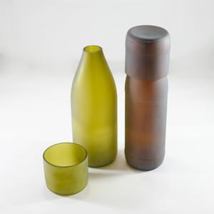 Up-cycled FROSTED WINE BOTTLE Water flask Carafe Jug Set with 8 oz Tumblers Glasses image 1