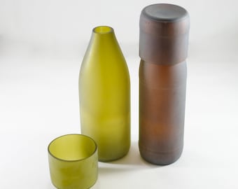 Up-cycled FROSTED WINE BOTTLE Water flask - Carafe - Jug Set with 8 oz Tumblers - Glasses