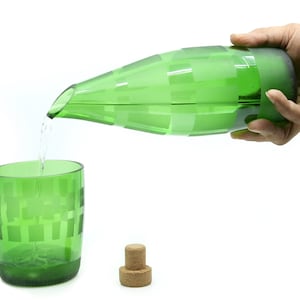 Frosted Design Perrier Water Glasses with Jug Set - Carafe +  12 ounce Drinking Glasses