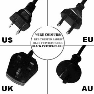 May include: Diagram showing different types of electrical plugs and their corresponding countries: US, EU, UK, and AU. The wire colours are labelled as red, blue, and black twisted fabric.