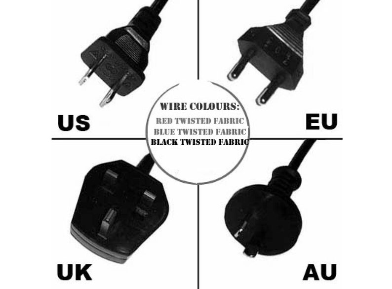 May include: Diagram showing different types of electrical plugs and their corresponding countries: US, EU, UK, and AU. The wire colours are labelled as red, blue, and black twisted fabric.