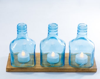 Bombay Sapphire Bottle LED Candle Stand Candle Cover Holder Set | with a Wooden base For Table decoration