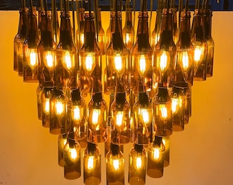 Commercial Grade Bootle Chandelier | Industrial Round Tier Light fixture made from Beer & Wine Bottles for Hotel, Bar, Restaurant Lighting