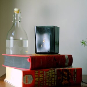 K&ouml;nnte beinhalten: Ein Stapel aus zwei roten Hardcover-B&uuml;chern mit einer durchsichtigen Glasflasche und einer dunkelgrauen Glas-Tasse darauf. Rechts im Bild steht eine kleine gr&uuml;ne Topfpflanze.