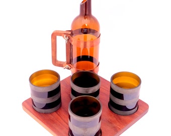 Water jug table set with 10 Ounce | 300 ml Wine bottle Glasses | Upcycled Tumblers with a wooden tray