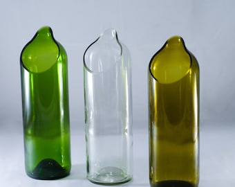 GLASS BOTTLE FLOWER Vase - Pot made from wine bottle - olive - green - clear