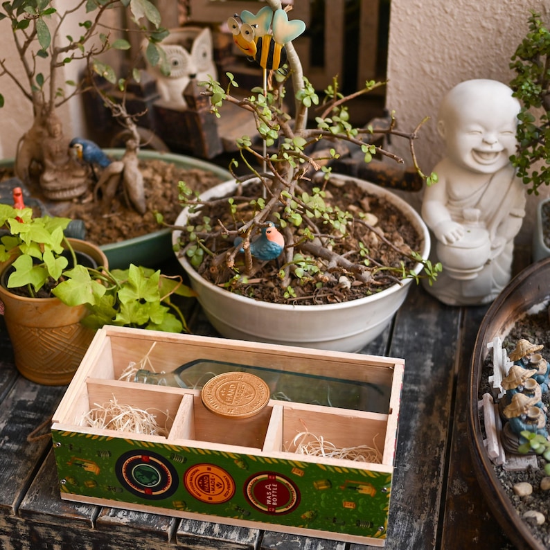 May include: A wooden box with a green and gold design, containing a glass bottle and a wooden lid. The box is divided into compartments and filled with straw. The scene includes potted plants and decorative figurines.