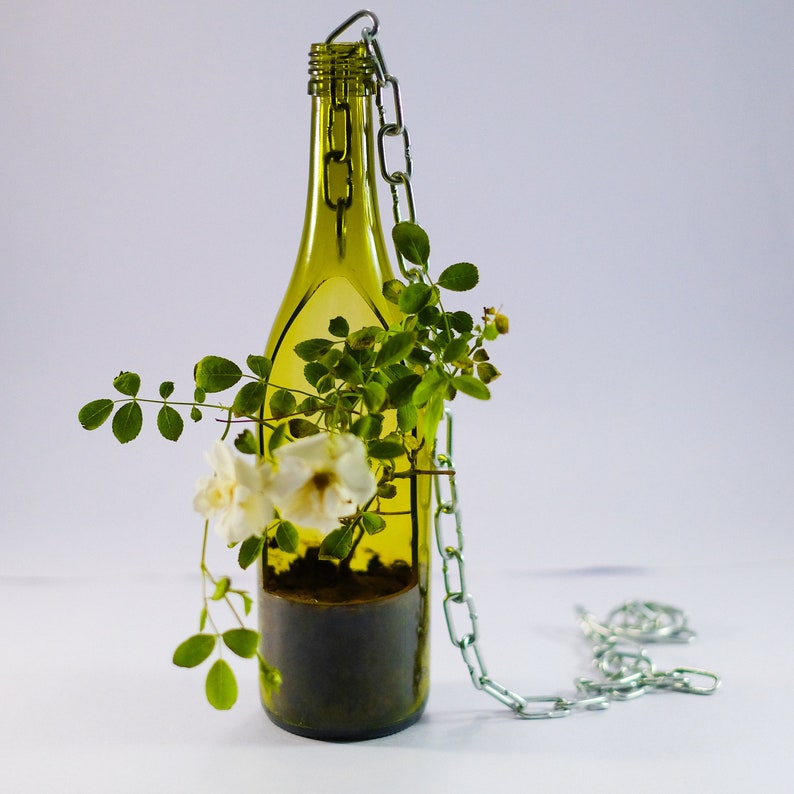 Maceta colgante hecha a mano a partir de botella de vino reutilizado Verde Olivos Olive Claro imagen 4