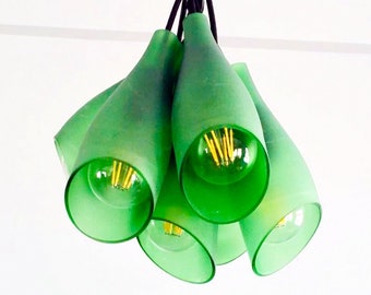 FROSTED GREEN LIGHT Fixture - Chandelier - Ceiling Lamp Made from Wine Bottles for home, Bar & Kitchen