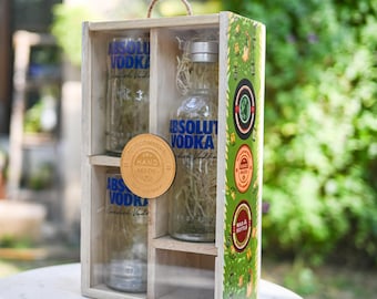 Box with Absolut Tall Cups | Glassware Gifting Set | Upcycled Vodka Bottle Glasses & Dish Bowl | Eco-Friendly Handmade Bar Gift