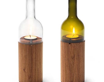 Wine bottle tea light candle with woden stand