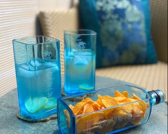 Bombay Sapphire gift set | Party Snack nuts crackers chips dish bowl with drinking glasses - Recycled glass bottle bowl | party serving ware
