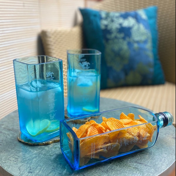 Bombay Sapphire gift set | Party Snack nuts crackers chips dish bowl with drinking glasses - Recycled glass bottle bowl | party serving ware