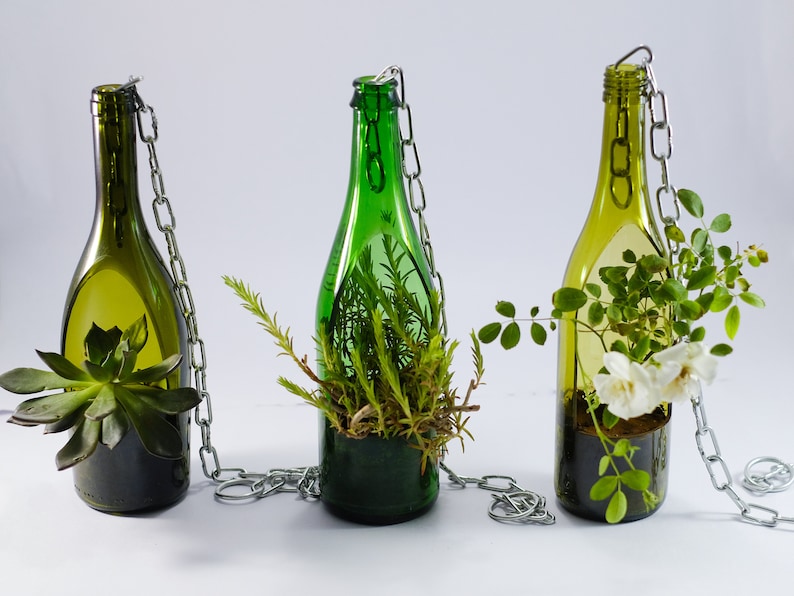 Maceta colgante hecha a mano a partir de botella de vino reutilizado Verde Olivos Olive Claro imagen 1