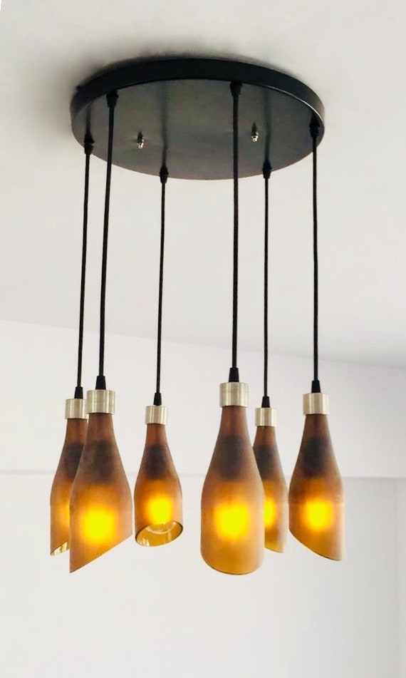 Beer Bottle Chandelier Frosted Amber, Recycled Beer Bottle Chandelier