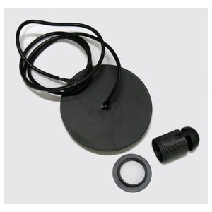 May include: Black electrical cord with a black ceiling canopy, a black electrical socket, and a black wire connector.