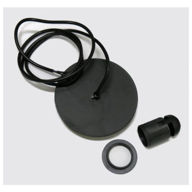 May include: Black electrical cord with a black ceiling canopy, a black electrical socket, and a black wire connector.