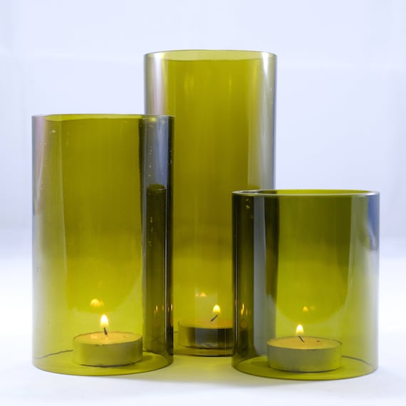 Wine Bottle Tea Light Hurricane Candle Cover Trio Set Olive
