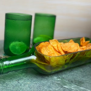 Wine bottle Snack nuts crackers chips dish bowl with drinking glasses  - Recycled glass bottle bowl | party serving set | eco glassware