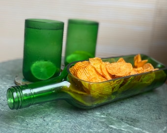 Wine bottle Snack nuts crackers chips dish bowl with drinking glasses  - Recycled glass bottle bowl | party serving set | eco glassware