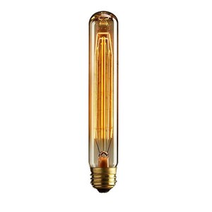 May include: A long, clear glass light bulb with a gold metal base. The bulb has a filament inside that is lit up, creating a warm, yellow glow.