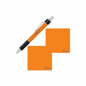 May include: Orange personalized sticky notes with the name "David" written on each note. A black and silver pen with the name "David" written on it is lying on top of the notes.