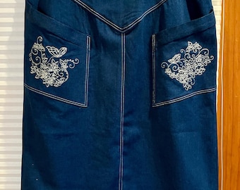 SURPRISE!  EMBROIDERED Denim Midi Swing Skirt  - US Size L or 14