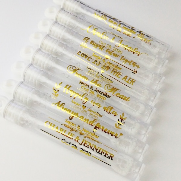 Gold Foil Personalized Wedding Favor Labels - Custom Wedding Stickers - Bubble Wand Labels - Clear Label Gold Text - DIY Wedding Favors