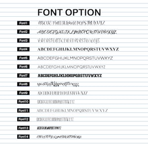 May include: A graphic showing 14 different font options for lettering. The fonts are labeled Font 1 through Font 14. Each font displays the alphabet in uppercase letters.